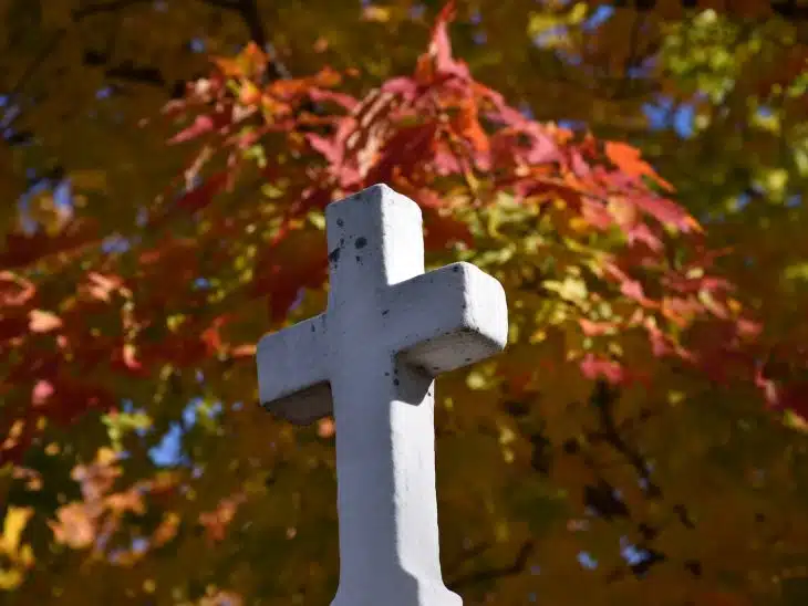 a white cross sitting in front of a tree