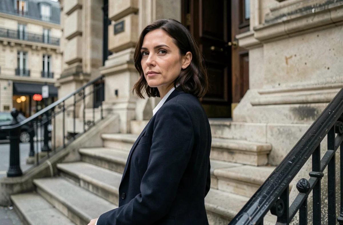 Actrice française élégante devant un théâtre parisien, illustrant la notion de vie privée et d'intimité des personnalités publiques