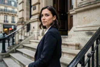 Actrice française élégante devant un théâtre parisien, illustrant la notion de vie privée et d'intimité des personnalités publiques