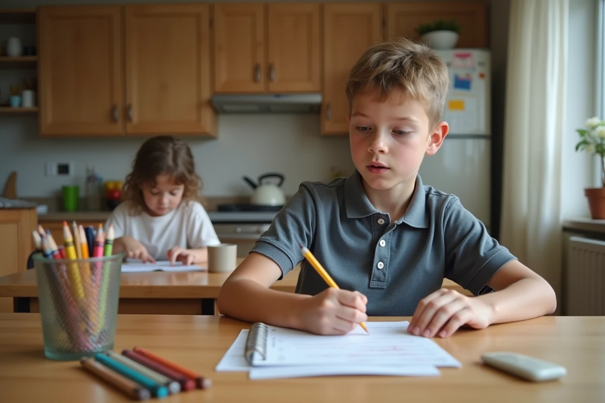 Adolescent responsable écrivant une liste de babysitting dans la cuisine