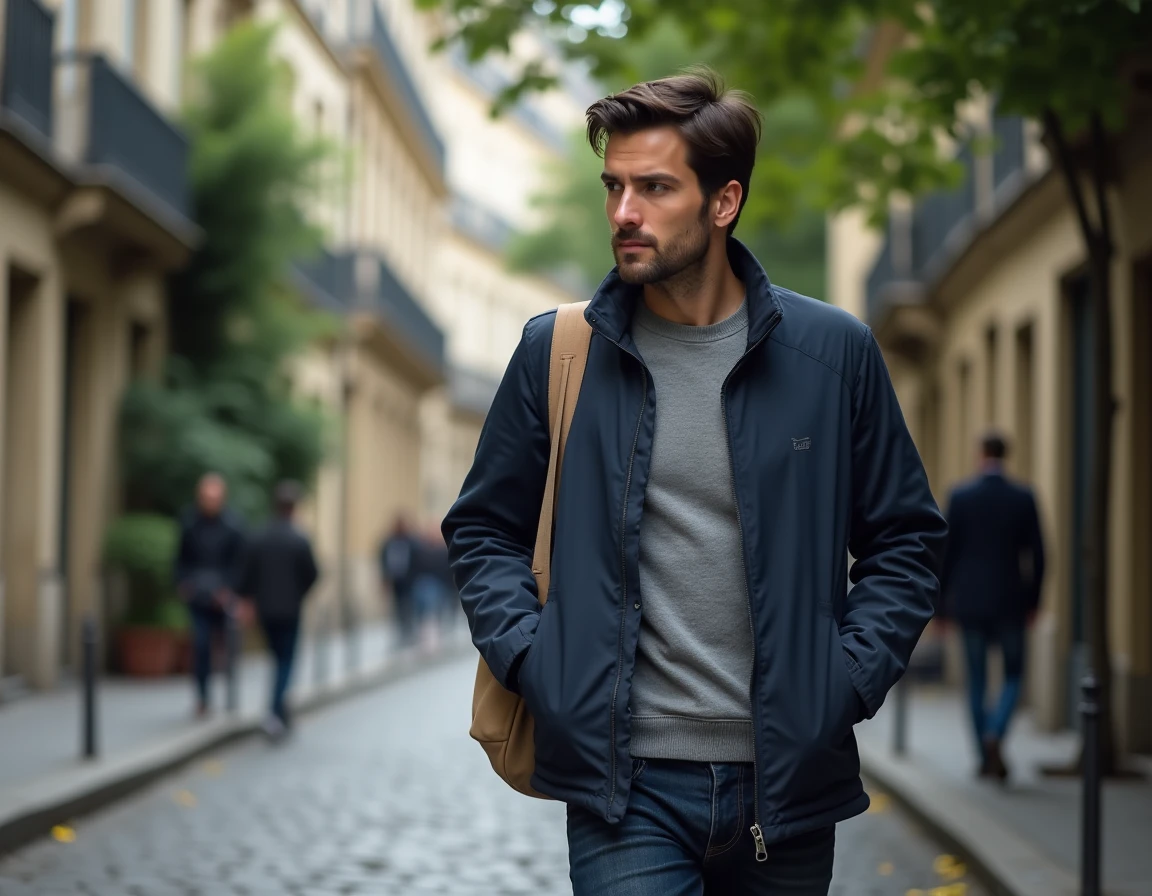 Homme marchant dans une rue pavée de Paris, photo illustrant la vie quotidienne discrète d'Adrien Fam