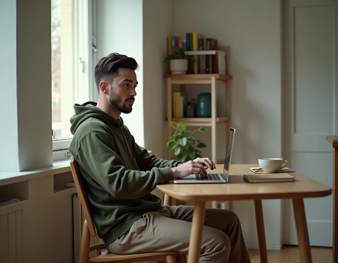 Homme concentré devant son ordinateur dans un bureau minimaliste, évoquant l'intimité du quotidien d'Adrien Fam