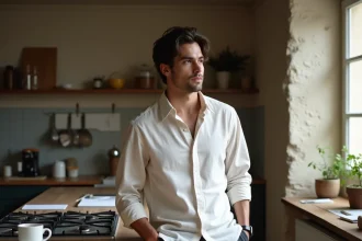 Portrait candide d'un jeune homme dans sa cuisine parisienne, illustrant le quotidien d'Adrien Fam