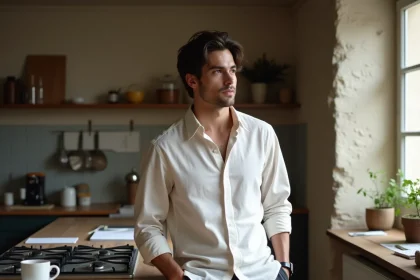 Portrait candide d'un jeune homme dans sa cuisine parisienne, illustrant le quotidien d'Adrien Fam