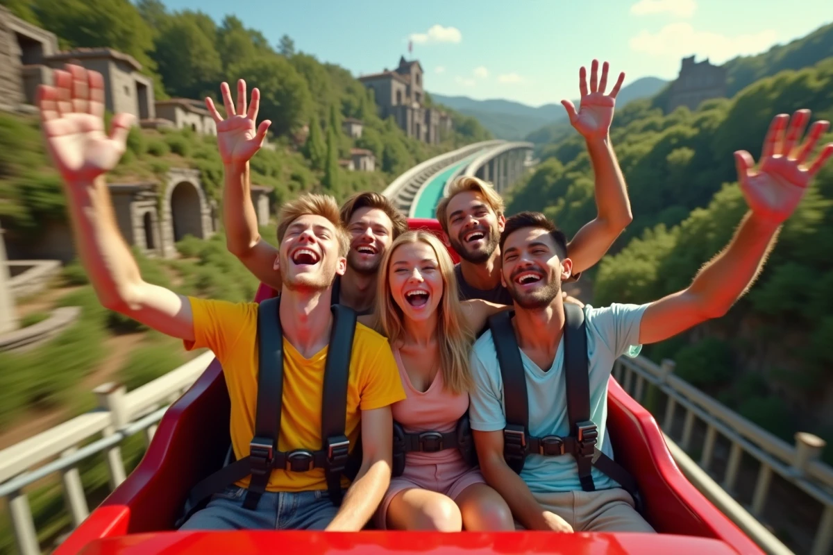 Groupe d'amis sur un grand huit au Parc Astérix, sensations fortes et décor gallo-romain en arrière-plan