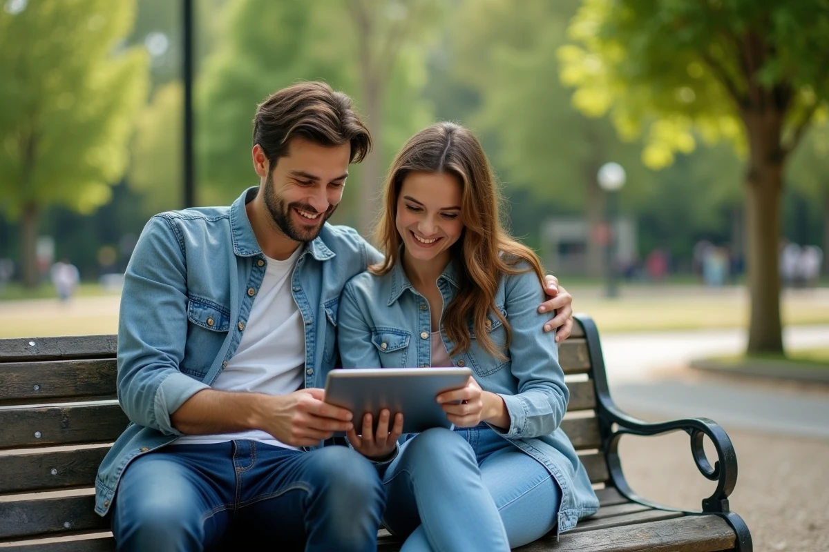 Deux amis jouant à des jeux gratuits sans publicité sur tablette dans un parc urbain