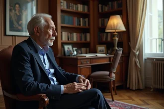 Portrait d'un homme âgé élégant assis dans un salon parisien classique, évoquant la mémoire d'André Louis Auzière, beau-père d'Emmanuel Macron