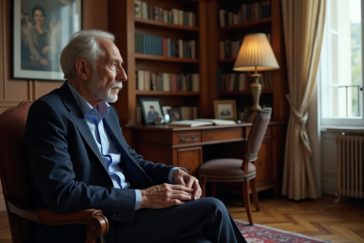 Portrait d'un homme âgé élégant assis dans un salon parisien classique, évoquant la mémoire d'André Louis Auzière, beau-père d'Emmanuel Macron