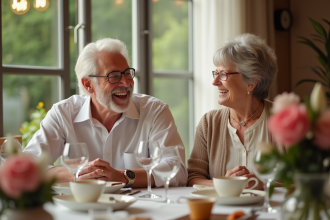 Couple mature célébrant 30 ans de mariage à table élégante