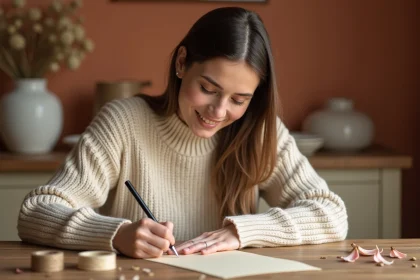 Femme préparant une annonce de marraine faite main avec une carte en papier texturé et de la ficelle, ambiance chaleureuse et artisanale