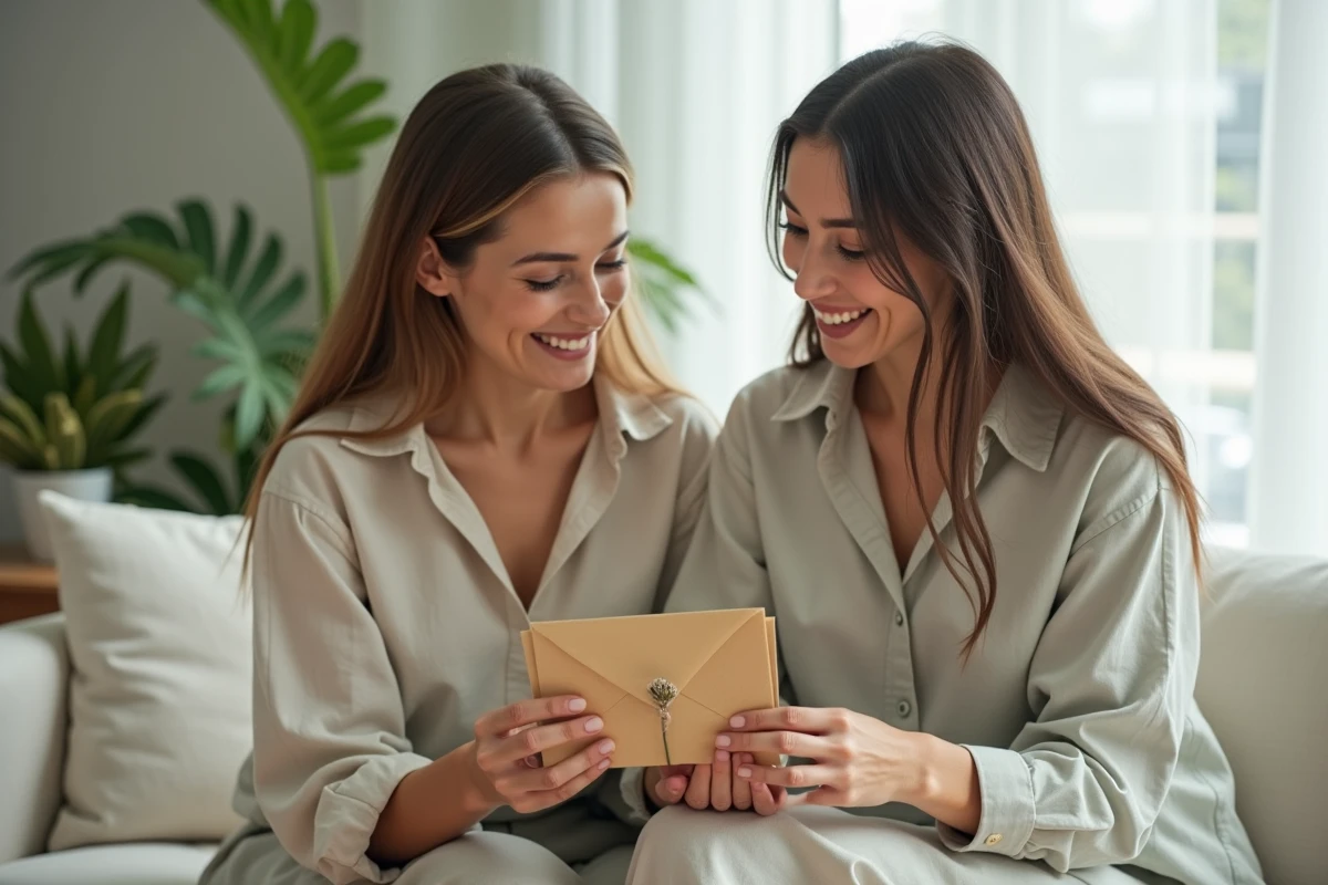Deux amies partageant un moment d'émotion lors de l'annonce de marraine avec une enveloppe kraft et une carte faite main