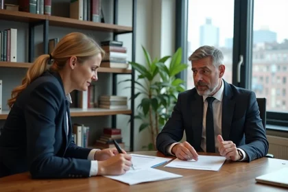 Un couple d'avocats en réunion dans un bureau moderne