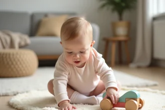 Bébé de 7 mois assis sur un tapis de jeu tendant les mains vers un porteur en bois coloré dans un salon scandinave