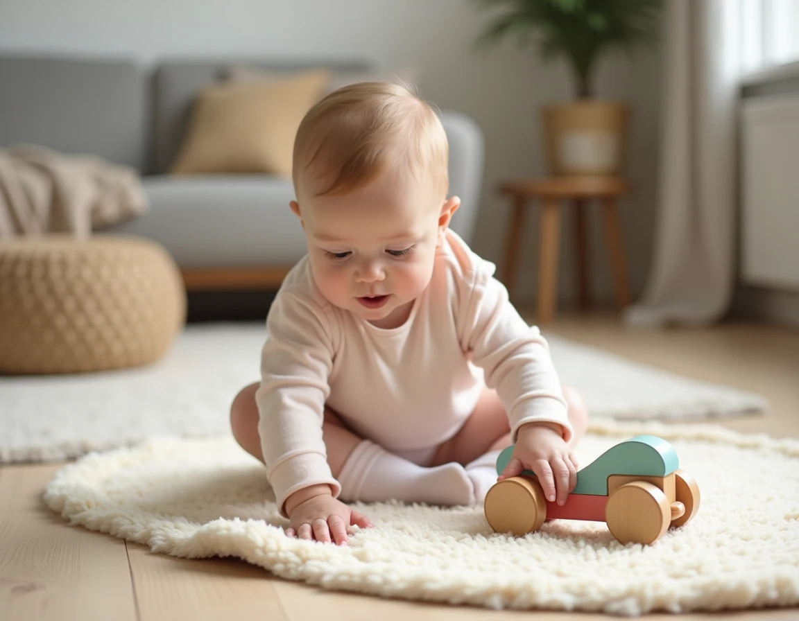 Bébé de 7 mois assis sur un tapis de jeu tendant les mains vers un porteur en bois coloré dans un salon scandinave
