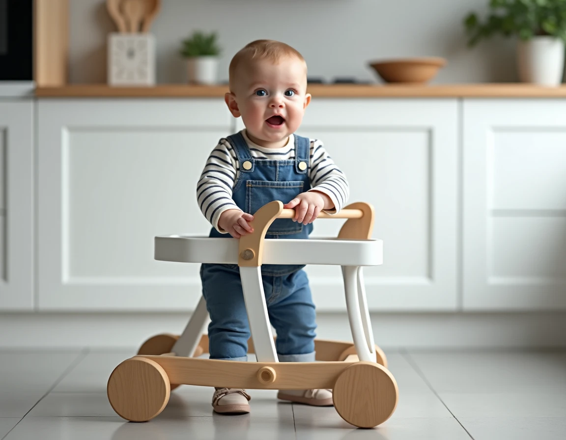 Bébé de 9 mois debout agrippant un chariot de marche en bois blanc dans une cuisine moderne