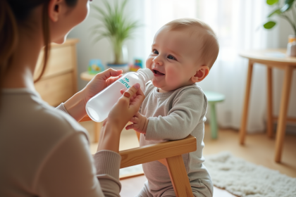 Bébé curieux tendant la main vers une bouteille d'eau avec sa mère