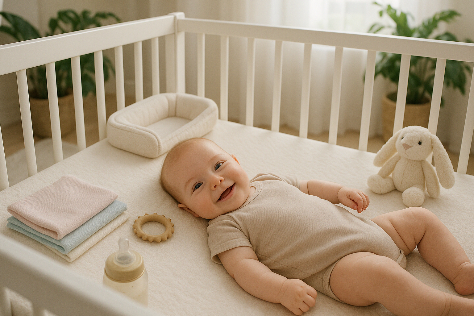 Bébé souriant dans un lit sécurisé avec décoration pastel
