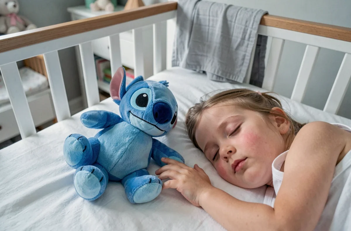 Bébé endormie dans son lit à côté d'une peluche Stitch respirante, scène de sieste paisible et rassurante pour les parents