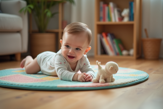 Bébé fille de 4 mois sur un tapis coloré avec jouet