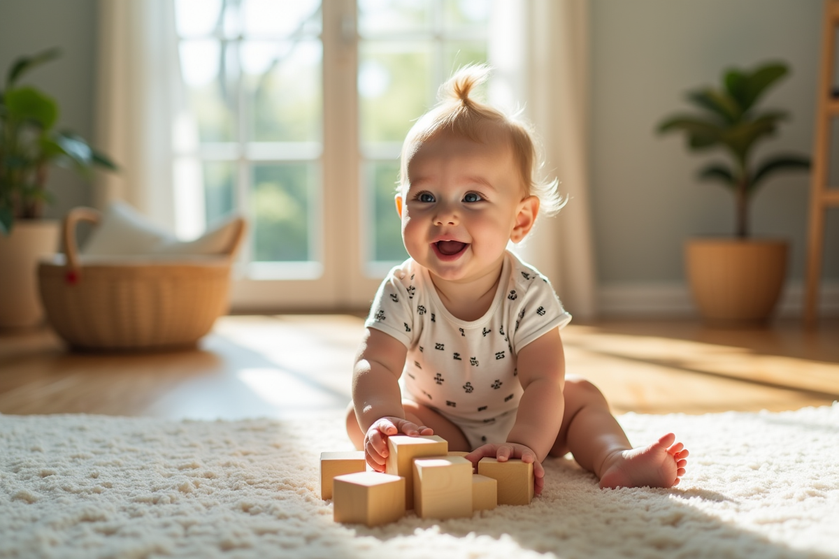 Fille de 7 mois jouant avec des blocs en bois