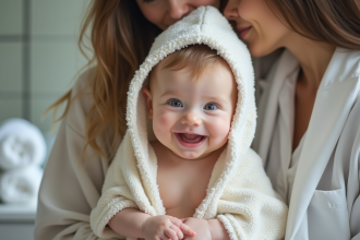 Bebe souriant enveloppe dans une serviette coton avec maman dans salle de bain