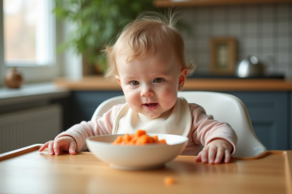 Bébé de six mois dans une chaise haute mangeant des carottes