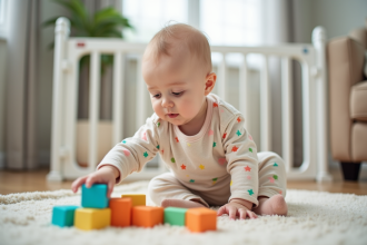 Bébé de un an jouant avec des blocs de sécurité colorés dans un salon
