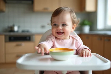 Bebe fille souriante en poussette dans une cuisine lumineuse
