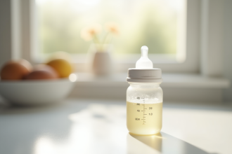 Biberon de bébé rempli à 40 ml sur plan de travail blanc