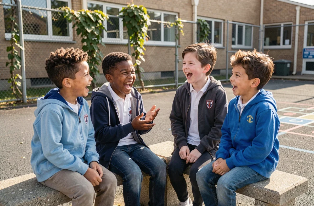 Groupe de quatre enfants de 8 ans dans une cour d'école qui s'amusent et rient en se racontant des blagues autour d'un banc