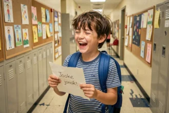 Garçon de 8 ans qui rit aux éclats dans un couloir d'école en tenant une blague écrite à la main sur du papier froissé