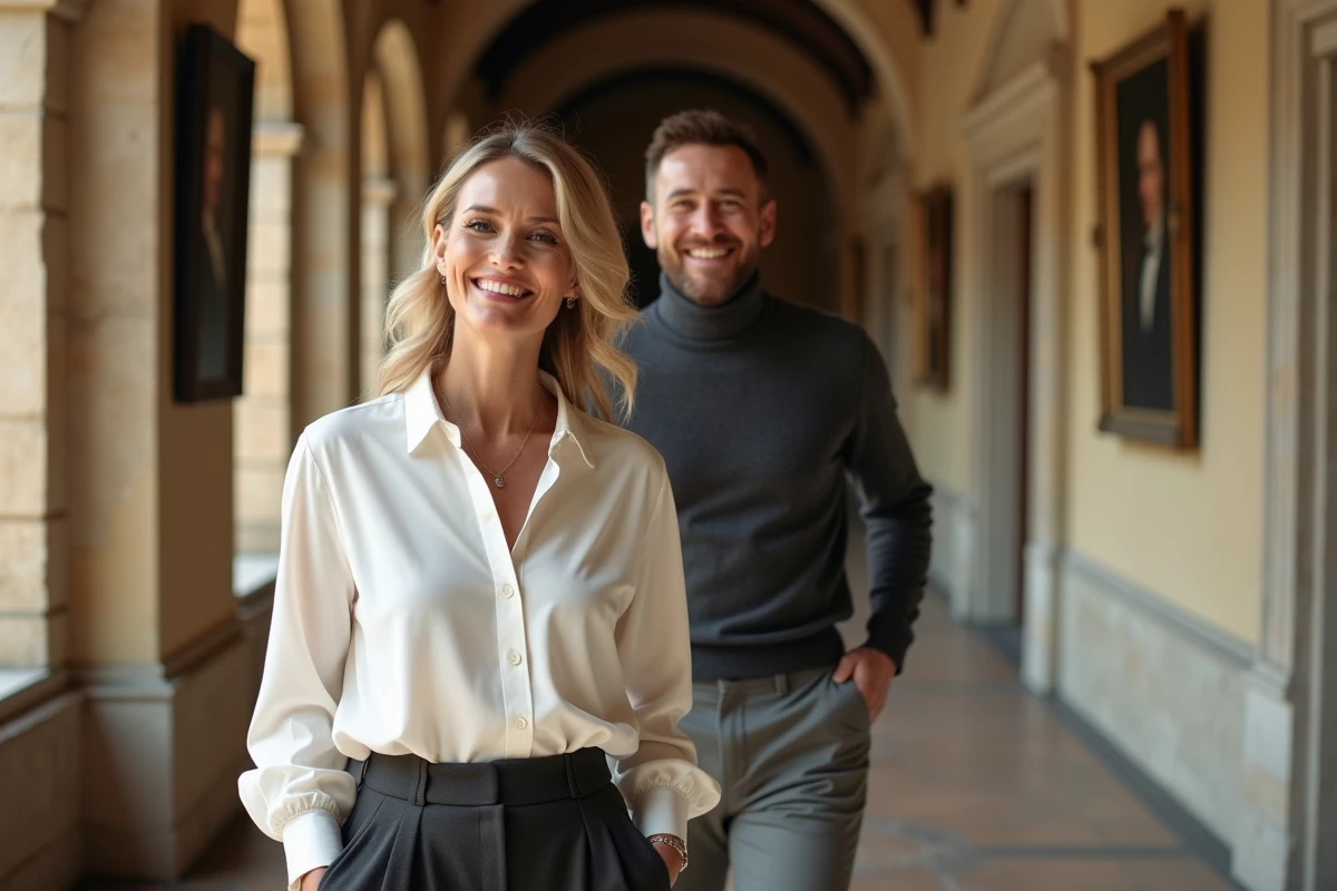 Femme cantatrice et son compagnon se promenant dans un conservatoire de musique classique
