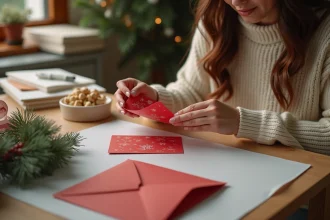Femme glissant une carte de Noël imprimée dans une enveloppe assortie sur un bureau en bois décoré de touches festives