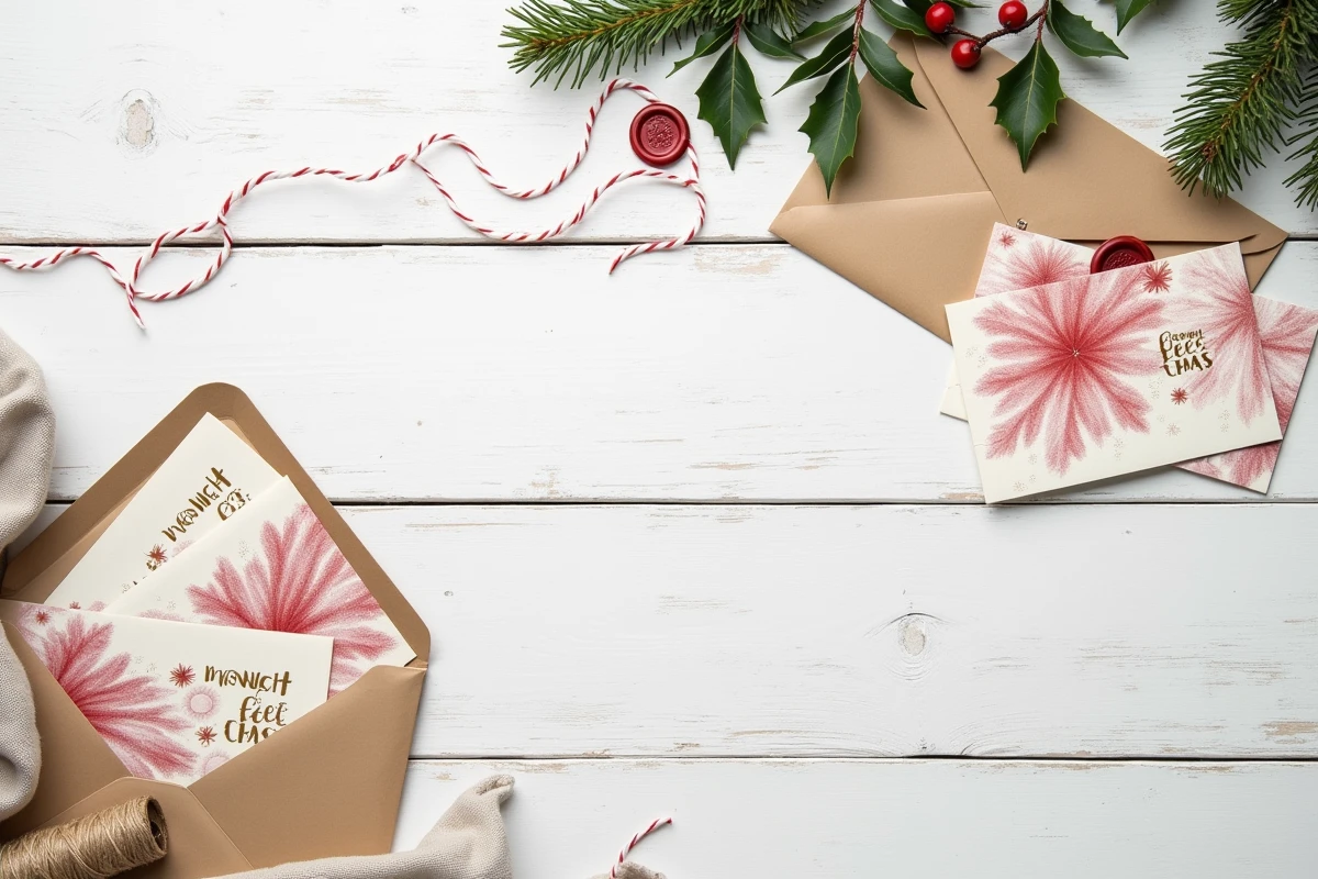 Vue du dessus d'un assortiment de cartes de Noël imprimées avec enveloppes, cire à cacheter et décoration de houx sur table blanche