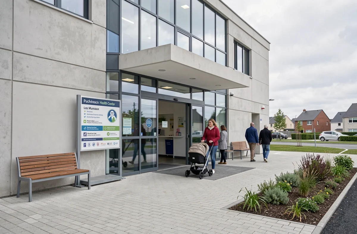 Façade du Centre de Santé des Mureaux avec une mère et son landau entrant dans le bâtiment de santé communautaire