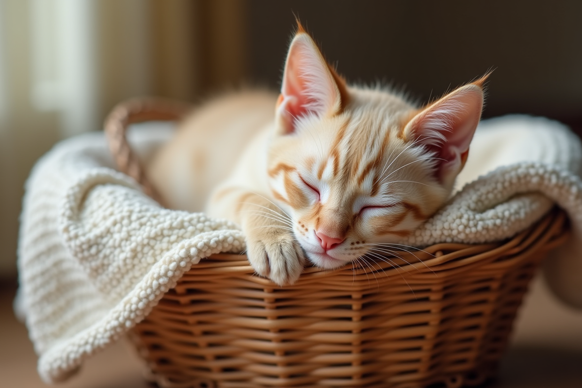 Chaton siamois dormant dans un panier douillet avec une couverture