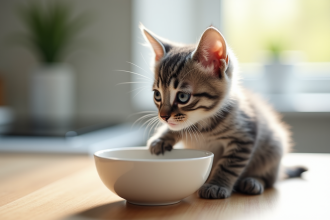 Petit chaton gris buvant du lait dans une cuisine moderne