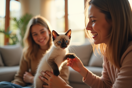 Chaton siamois présenté à une famille souriante dans un salon lumineux
