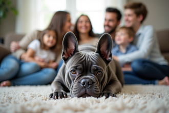 Bouledogue français bleu avec famille dans le salon