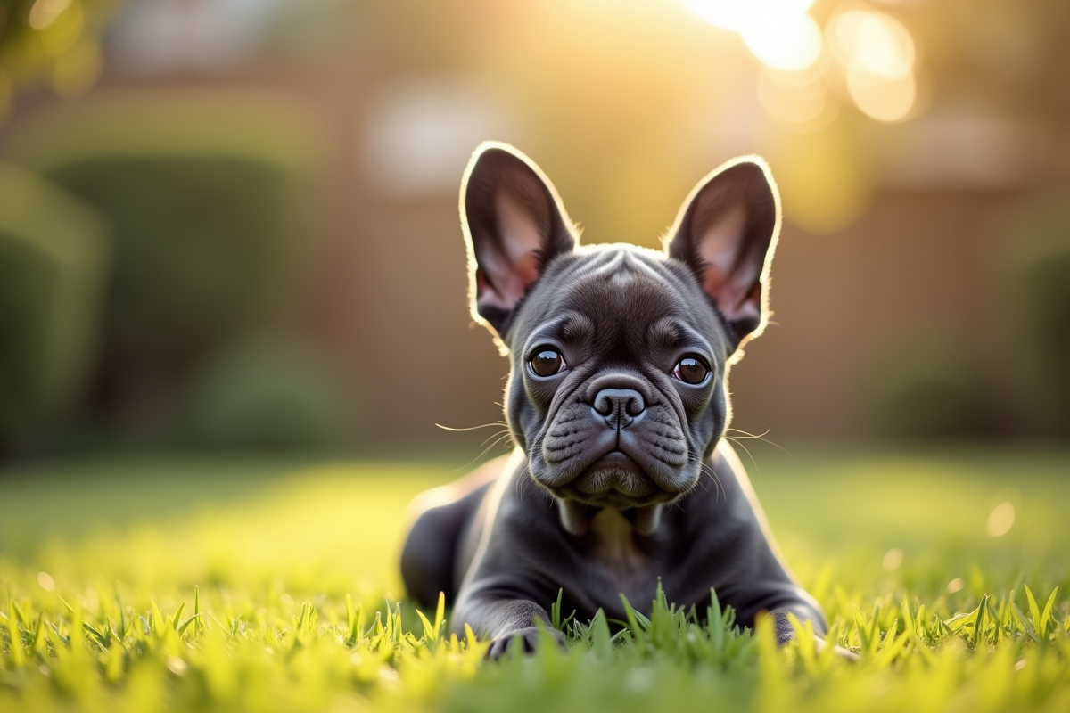 Bouledogue français bleu seul dans le jardin ensoleille
