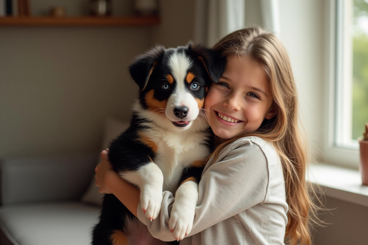 Chiot Australian Shepherd câliné par une fille à l