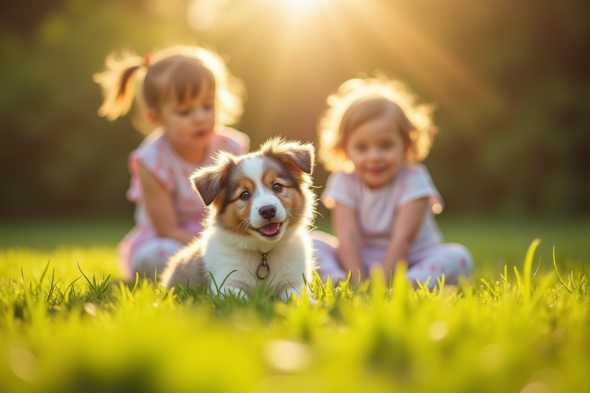 Chiot Australian Shepherd jouant avec des enfants dans le jardin