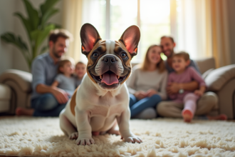 Chiot bulldog francais heureux dans le salon avec famille