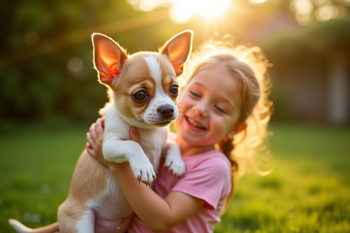 Enfant tenant tendrement un chiot chihuahua dans un jardin ensoleille