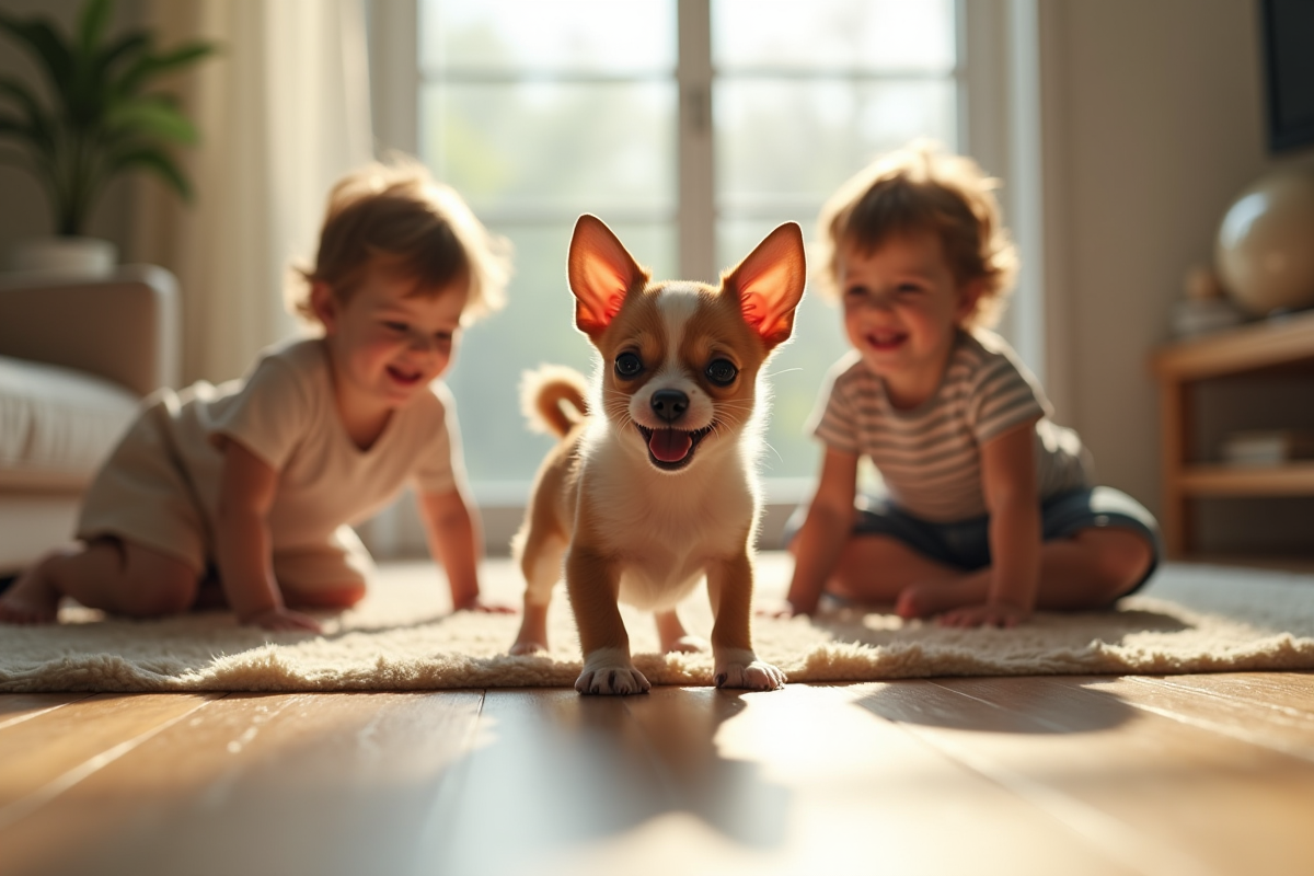 Chiot chihuahua jouant avec des enfants dans un salon lumineux
