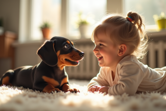 Chiot dachshund jouant avec un enfant dans un salon lumineux
