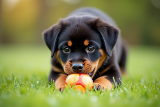 Chiot rottweiler jouant avec un jouet coloré dans l'herbe