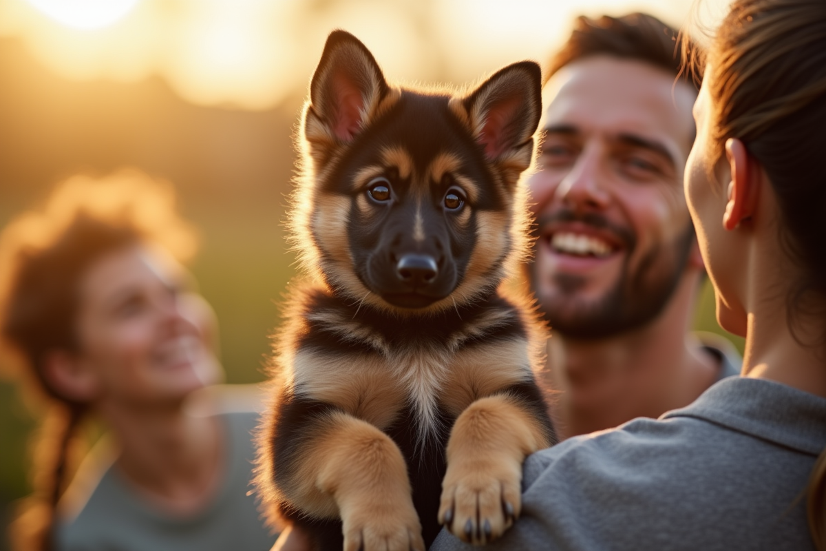 Chiot berger allemand tenu par un adulte en plein air