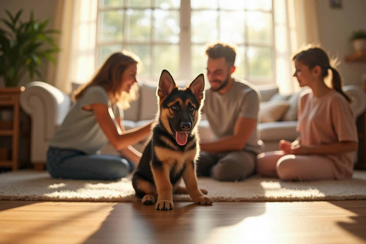 Chiot berger allemand dans un salon ensoleille avec famille