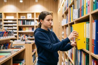 Adolescente choisissant un classeur scolaire coloré dans un magasin de fournitures scolaires